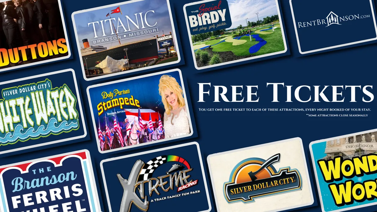 A colorful interior promotional image featuring various attraction logos, vibrant imagery, and text about nearby theme parks, live entertainment, and outdoor activities. It exudes excitement and family-friendly energy.