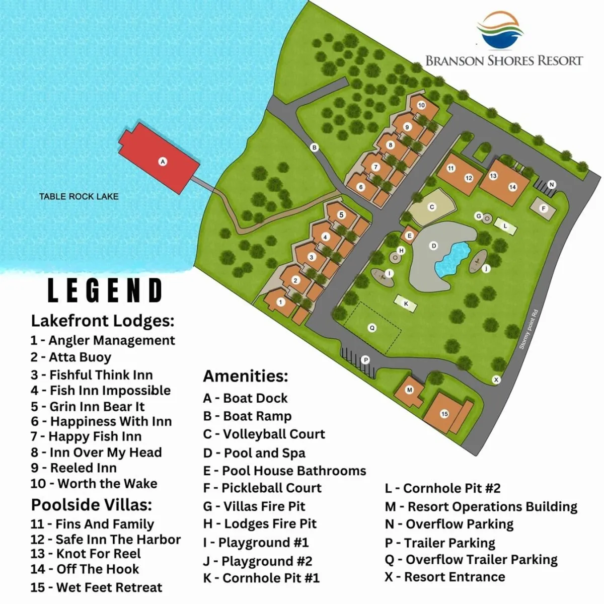 A wide exterior shot showcasing Table Rock Lake, lakefront lodges, a spacious pool area, playgrounds, and various amenities. The image includes visible fire pits and captures the vibrant, family-friendly atmosphere of the resort with beautiful sunset lighting.
